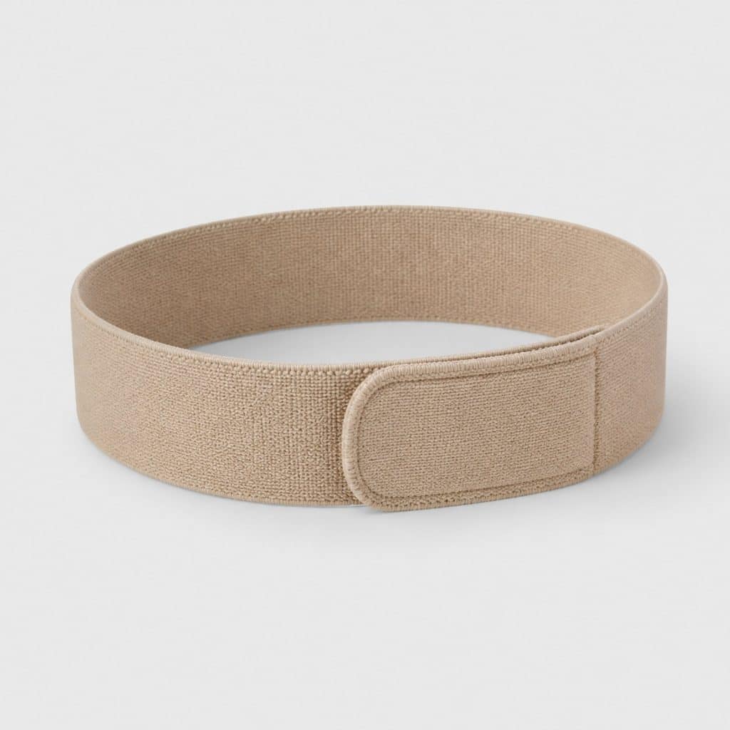 Ceinture textile beige avec fermeture auto-agrippante posée à plat sur fond neutre