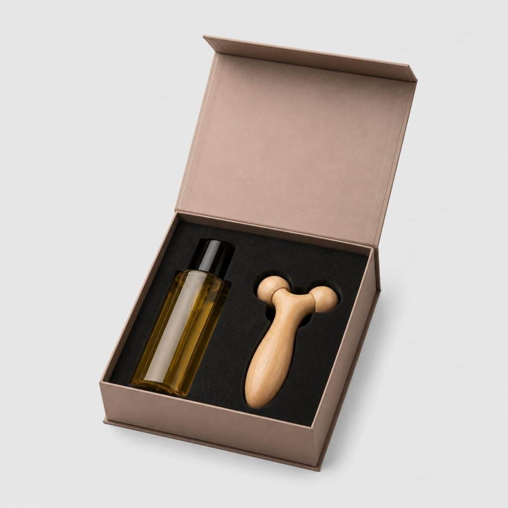Coffret de massage bien-être avec huile et accessoire en bois