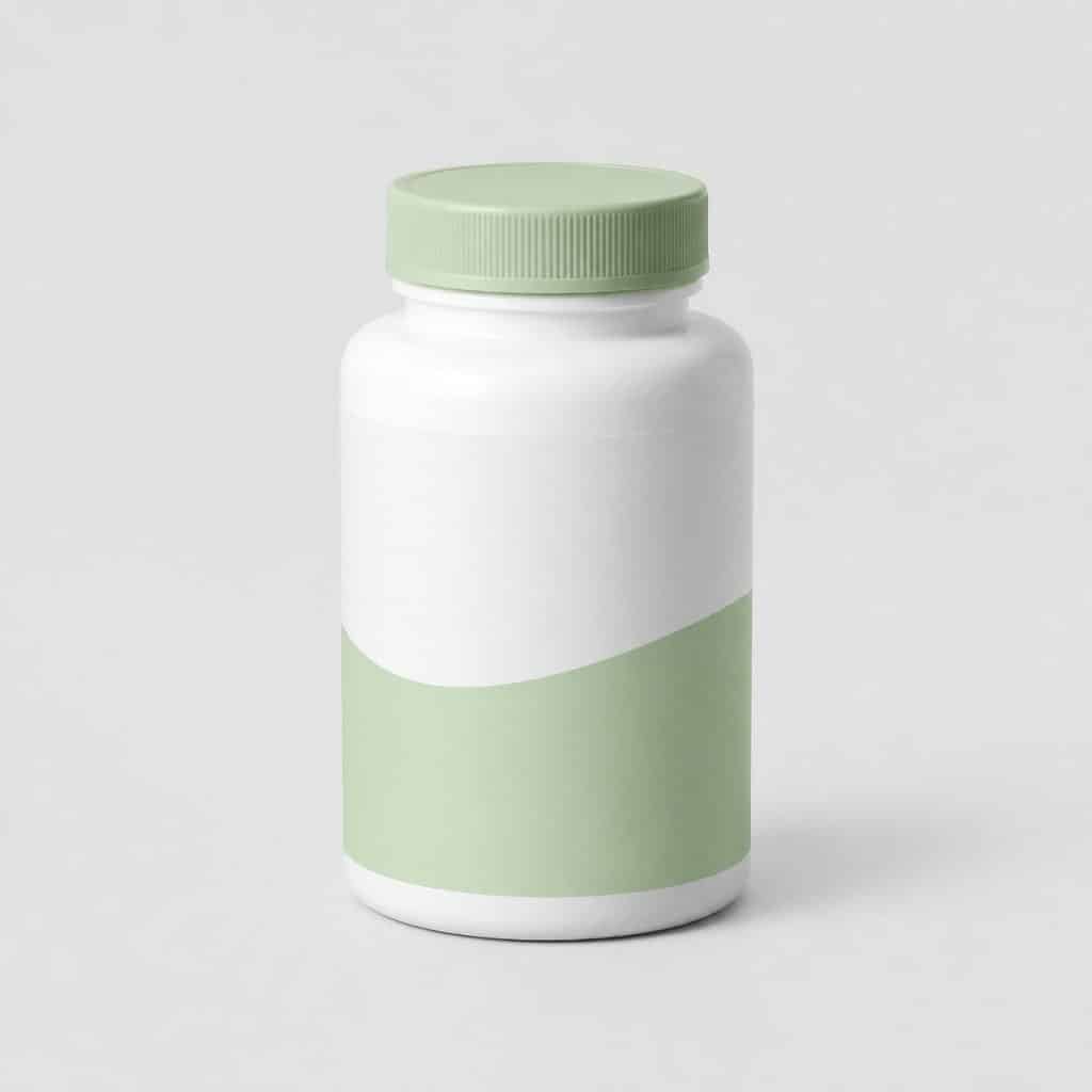 Flacon blanc et vert pâle de gélules posé seul sur fond neutre clair