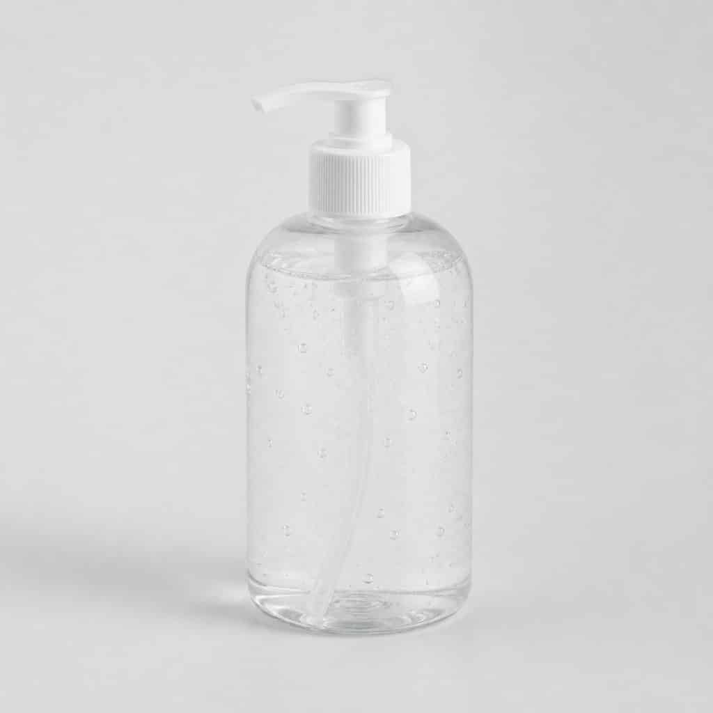 Flacon de gel lavant neutre présenté seul sur fond clair