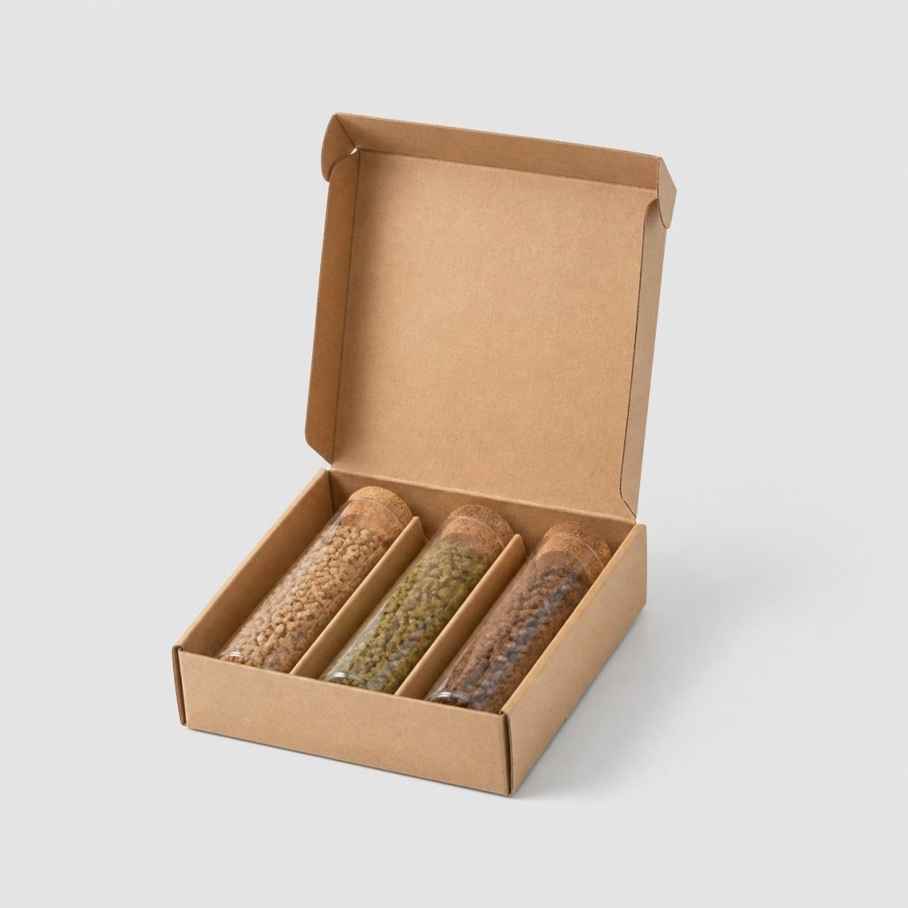 Coffret de granules homéopathiques ouvert avec ses trois tubes