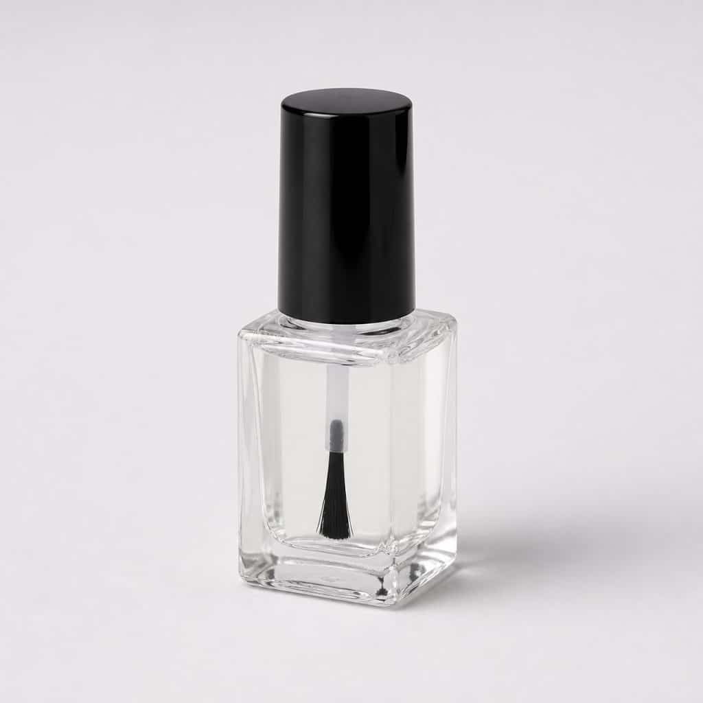Flacon transparent de soin pour ongles avec pinceau applicateur posé seul sur fond neutre clair